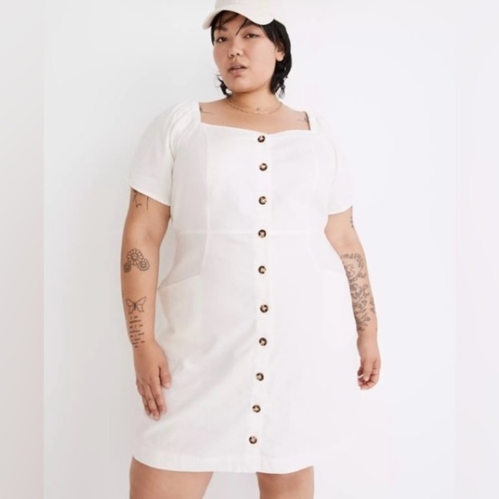 Madewell Linen Cotton Button Front Puff-Sleeve Mini Dress Ivory NWT